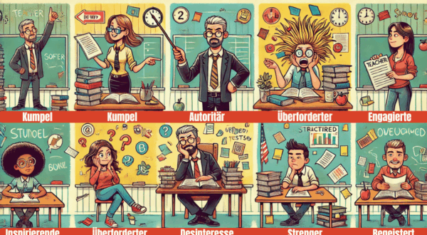 Illustration von sieben verschiedenen Lehrertypen im Klassenzimmer – vom strengen bis zum inspirierenden Lehrer. Die Karikaturen zeigen typische Eigenschaften im Verhalten und Auftreten von Lehrkräften, humorvoll und pädagogisch wertvoll dargestellt. Ideal für Schüler:innen, um Lehrertypen zu erkennen und besser mit ihnen umzugehen.