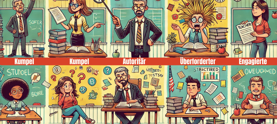 Illustration von sieben verschiedenen Lehrertypen im Klassenzimmer – vom strengen bis zum inspirierenden Lehrer. Die Karikaturen zeigen typische Eigenschaften im Verhalten und Auftreten von Lehrkräften, humorvoll und pädagogisch wertvoll dargestellt. Ideal für Schüler:innen, um Lehrertypen zu erkennen und besser mit ihnen umzugehen.
