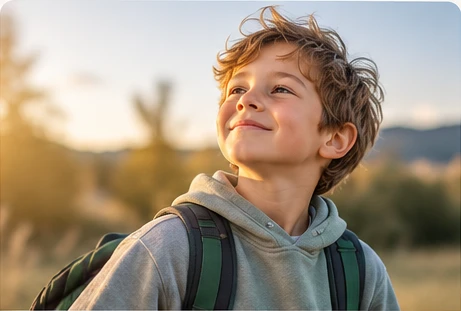 Selbstbewusster Schüler mit Schulrucksack
