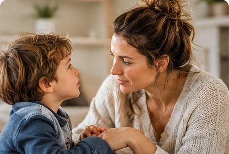 Mutter spricht auf Augenhöhe mit ihrem Kind